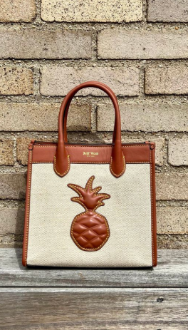 NWT Jeff Wan Hampton Canvas & Leather Pineapple Applique Crossbody Tote 22 Bag