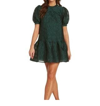 NWT Moon River Textured Ruffle Neck Puff Sleeve Babydoll Minidress Emerald Small