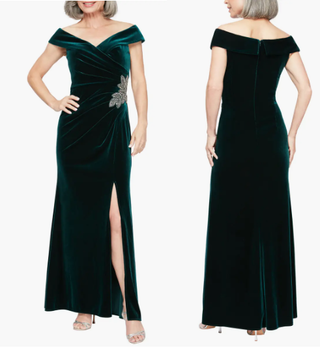 Alex Evenings Off Shoulder Embellished Fit & Flare Velvet Gown Forest Green 18