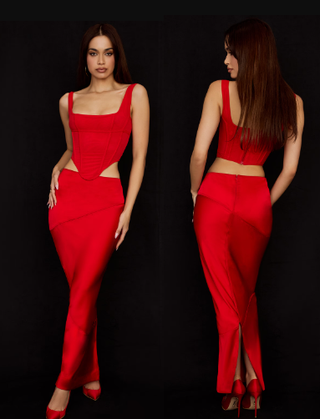 House of CB Colette Satin Low Waist Bodycon Maxi Skirt Scarlet Red Women's Size XS