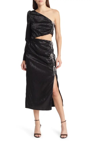 NWT WAYF Ella Floral Jacquard Cutout Crystal Bow One-Shoulder Midi Dress Black S