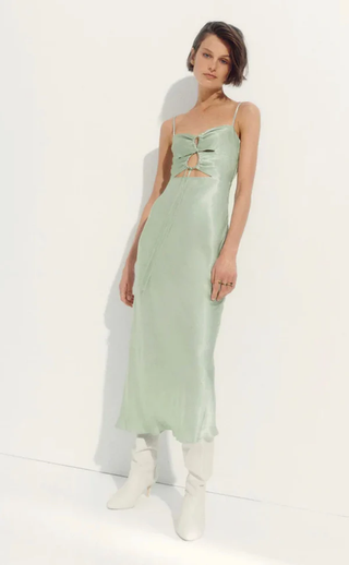 Shona Joy Alma Satin Sleeveless Lace Up Cutout Midi Dress Green Women's Size 6
