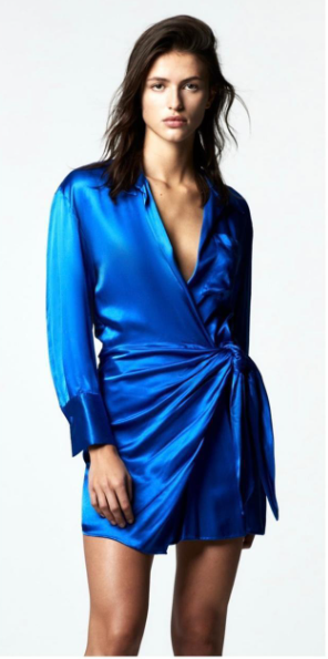 Zara Satin Long Sleeve Wrap Shirt Dress with Tie Waist Royal Blue Women's Medium