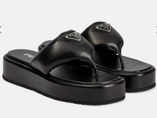 Prada Padded Leather Logo Slip On Platform Thong Sandals Black Women's Size EU 38