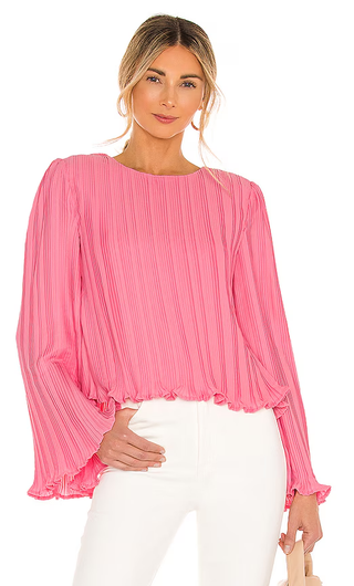 NWT Lovers + Friends Sawyer Plissé Pleated Long Bell Sleeve Blouse Candy Pink XS