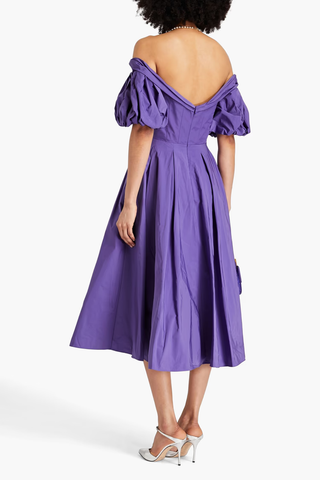 NWT Marchesa Notte Off-the-Shoulder Pleated Taffeta Midi Dress Violet Women's 8