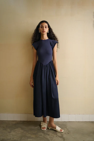 Ancosti Patchwork Cap Sleeve Drop Waist A-Line Maxi Dress Navy Blue Women's XS
