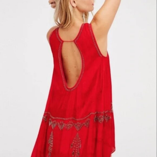 Free People Delilah Beaded Sleeveless Boho Mini Swing Dress Red Womens Size 12