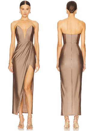 Michael Costello x REVOLVE Jake Strapless Maxi Gown Taupe Satin Women's Small