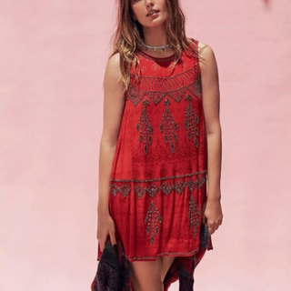 Free People Delilah Beaded Sleeveless Boho Mini Swing Dress Red Womens Size 12
