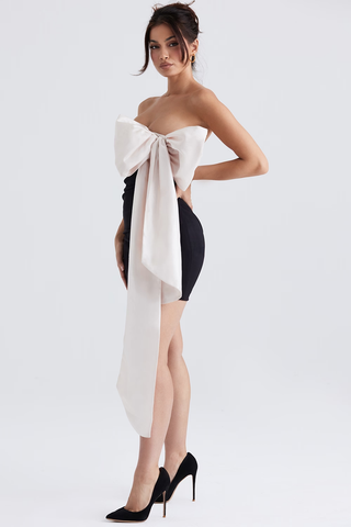NWT House of CB Jana Oversized Bow Strapless Mini Dress Black Cream Women's XS