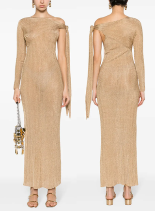 Paco Rabanne Knit Metallic Asymmetrical Lurex Rib Long Dress Gold Women's XS