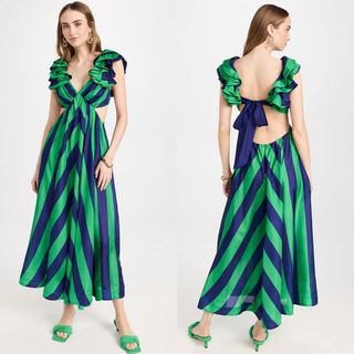 Zimmermann Tiggy Silk Striped Frill Shoulder A-Line Maxi Dress Green Blue 1 / S