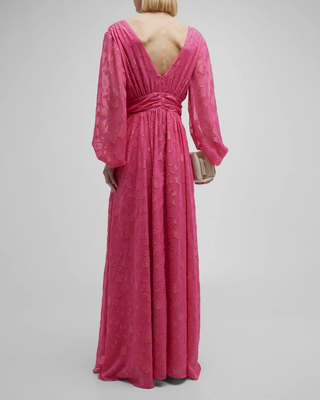 One33 Social Kathy Floral Burnout Deep V-Neck Balloon-Sleeve Maxi Gown Pink 8