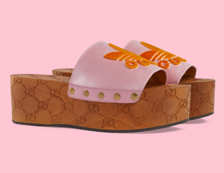 Gucci x Adidas Satin GG Iconic Trefoil Logo Clog Platform Slide Sandals Pink 8.5