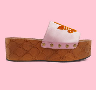 Gucci x Adidas Satin GG Iconic Trefoil Logo Clog Platform Slide Sandals Pink 8.5