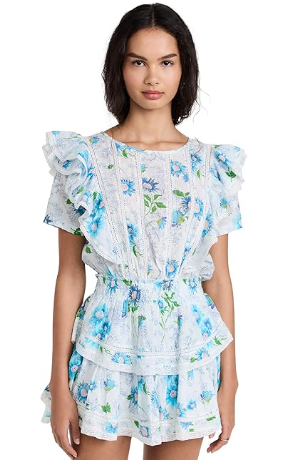 LoveShackFancy Natasha Floral Ruffle Trim Mini Dress Blueberry Cloud Women Small