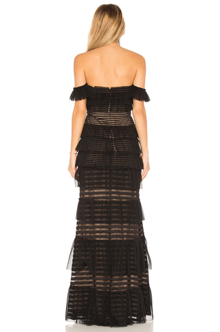 BCBGMaxazria Elora Off The Shoulder Tiered Tulle Maxi Gown Black Women's Size 4