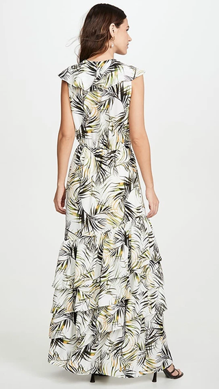 NWT MISA Los Angeles Maxine Palm Print Flutter Sleeve Maxi Dress White Green XS