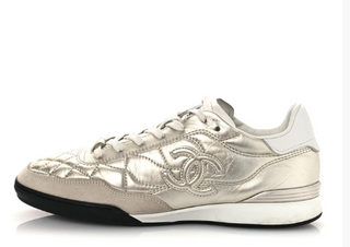 NWOT Chanel Laminated Calfskin Suede Quilted CC Sneakers Silver White Women's 39