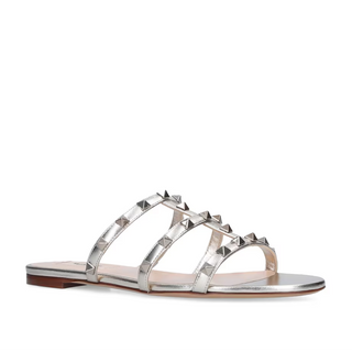 Valentino Metallic Leather Rockstud Slip On Slides Sandal Silver Women's EU 40