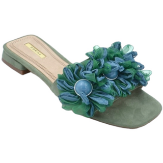 NWT Corina Faux Suede Slip On Mules Sandals w/ Tulle Embellishments Green EU 40