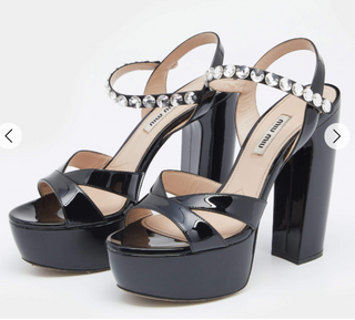 Miu Miu Patent Leather Crystal Embellished Platform Ankle Strap Sandals Black 41