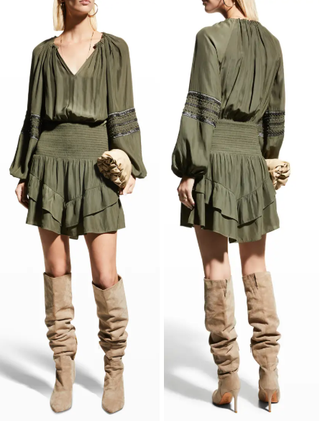 Ramy Brook Ralphie Satin Beaded Smocked Blouson Mini Dress Olive Women's Large