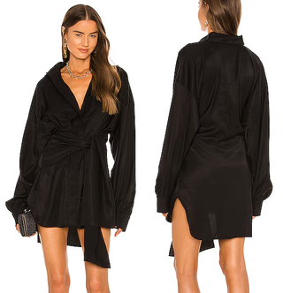 NONchalant Label Dafne Satin Long Sleeve Button-Up Mini Shirt Dress Black XL