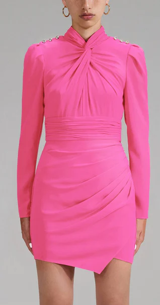 NWT Self-Portrait Stretch Crepe Twisted Collar Mini Dress Pink Women's Size US 6
