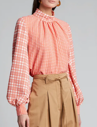 Stine Goya Eddy Plaid/Gingham Long Sleeve Mock Neck Blouse Orange Womens Medium