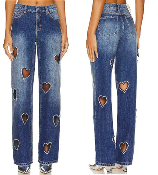 Alice + Olivia Karrie Embellished Rhinestone Heart Cutout Jean Blue Women's 27