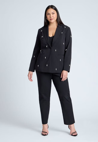Eloqui Pearl Embellished Long Sleeve Single Breasted Blazer Black Womens Size 14