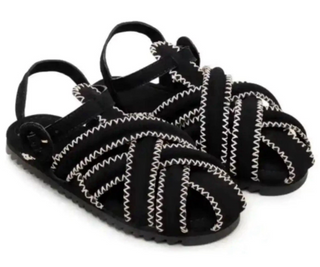 Farm Rio Suede Slip On Zig Zag Stitch Slingback Sandals Black White Women's Size 6