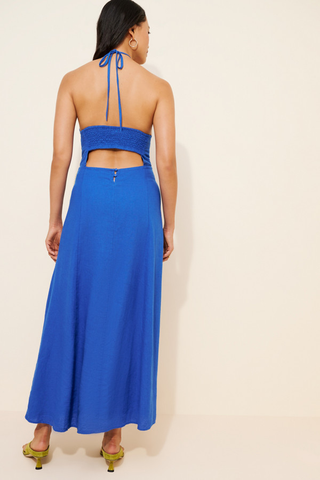 NWT Celandine Linen-Blend Floral Pearl Halter Side-Slit Maxi Dress Blue Large