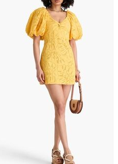 FARM Rio Monstera Eyelet Puff Sleeve Sweetheart Neck Mini Dress Yellow Womens XL