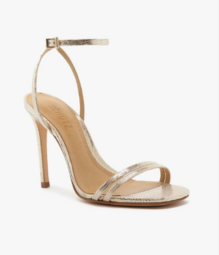 NWOT Schutz Altina Metallic Leather Stilettos Strappy Sandals Platina Gold US 7