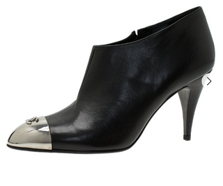 Chanel Leather Almond Toe Heeled Ankle Booties w/ Silver CC Toe Cap Black EU 41
