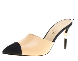 Chanel Leather & Satin Faux Pearl Pointed Stielttos Heel Mules Beige Black EU 41