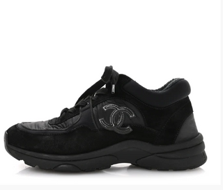 Chanel Fabric Calfskin Suede CC Low Top Trainer Sneakers Black Women's Size 41