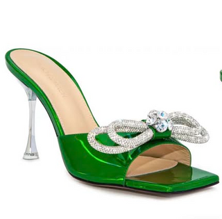Mach & Mach Double Crystal Bow Stilettos Heel Slide Mule Green Women's EU 41