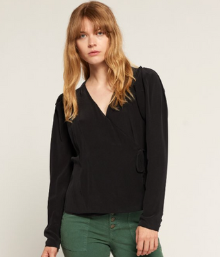 NWT Joie Leigh 100% Silk Long Sleeve V-Neck Wrap Blouse Black Women's Size Large