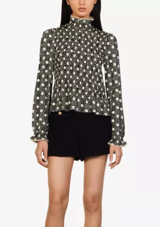 Sandro Paris Polka Dot Long Sleeve Smocked Blouse Top Black White Women's 1 / S