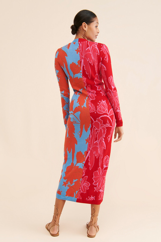 Farm Rio Floral Patchwork V-Neck Knit Long Cardigan Red Blue Women's Size Small