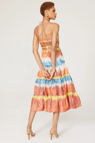Alexis Roberta Tie-Dye Print Halter Neck Tiered A-Line Midi Dress Multi Small