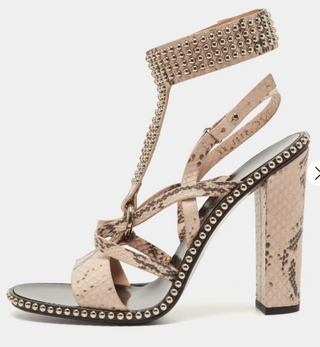 Salvatore Ferragamo Sienna Python Leather Studded Ankle Cuff Sandals Beige 9.5