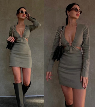NWT Zara Long Sleeve Plunge Cutout Bodycon Mini Dress Olive Green Women's Size S