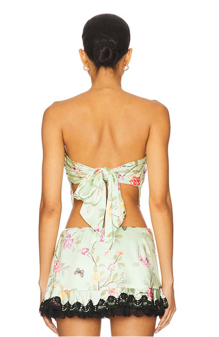 Lovers and Friends Satin Floral Strapless Scarf Top Green Multi Women's Small