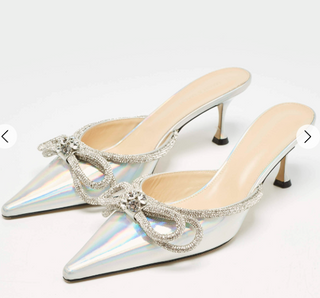 Mach & Mach Iridescent  Crystal-Embellished Double Bow Mules Silver Women's 37
