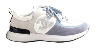 Chanel Tri-Color Suede Low Top Running Sneaker White Grey Blue Women's Size 37